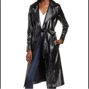 Leith Black Faux Patent Leather Trench Coat Sz. XS